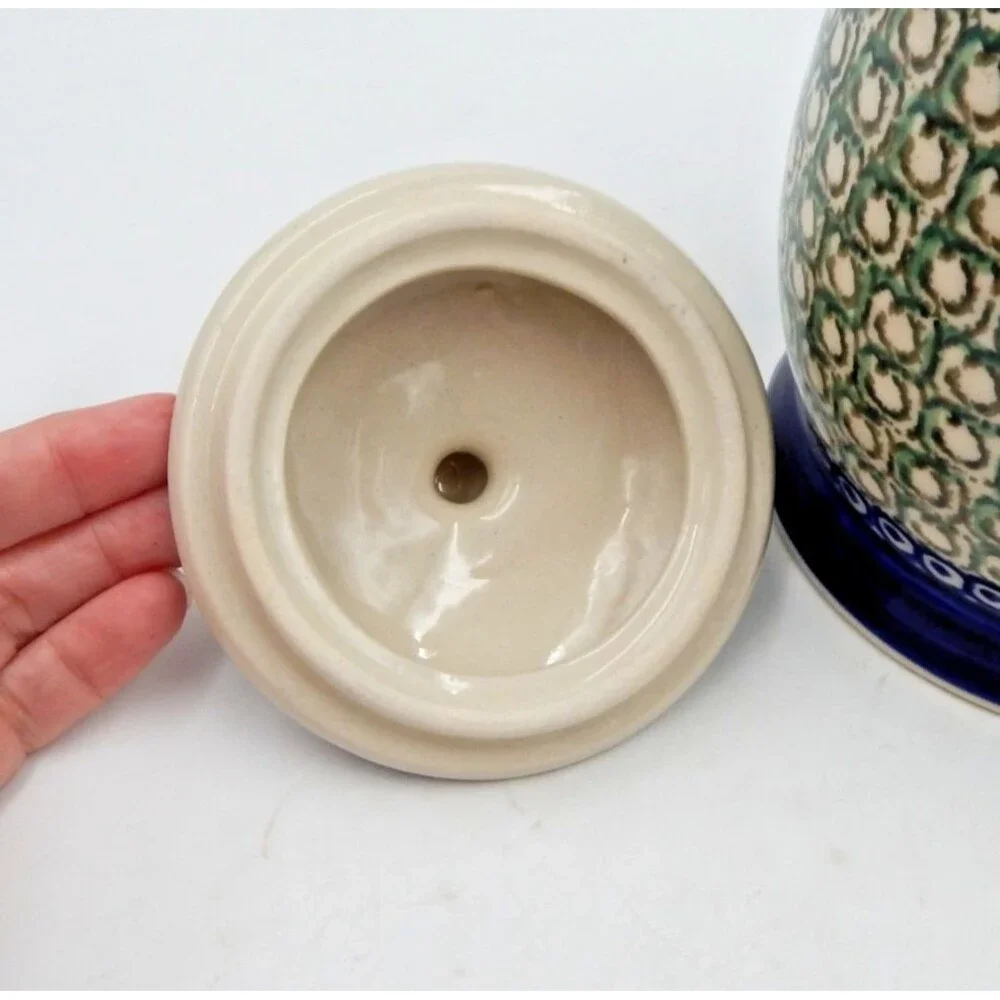 Bolesławiec Polish Pottery Small Canister Jar 5 Inch Green Blue Bullseye